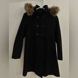 Rothschild Black Wool Coat Youth Size 14/Adult Size XS Faux Fur + Removable Hood